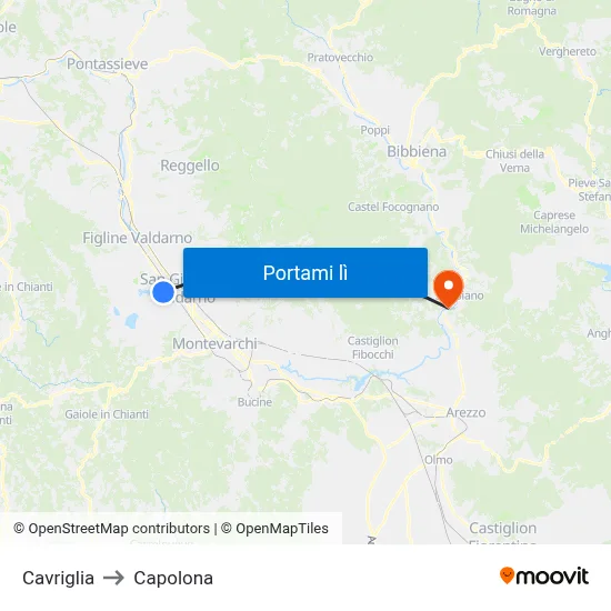 Cavriglia to Capolona map