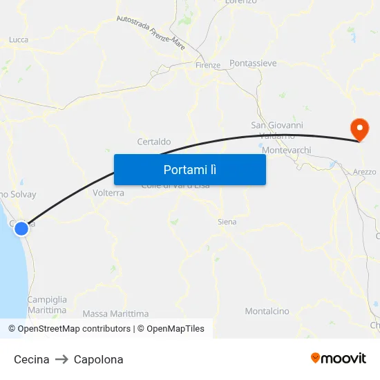 Cecina to Capolona map