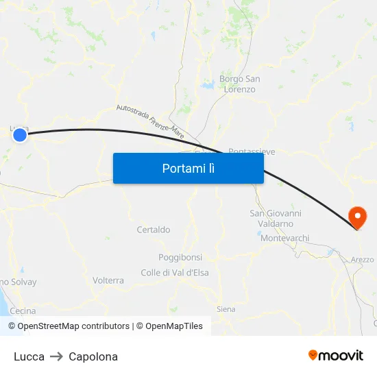 Lucca to Capolona map