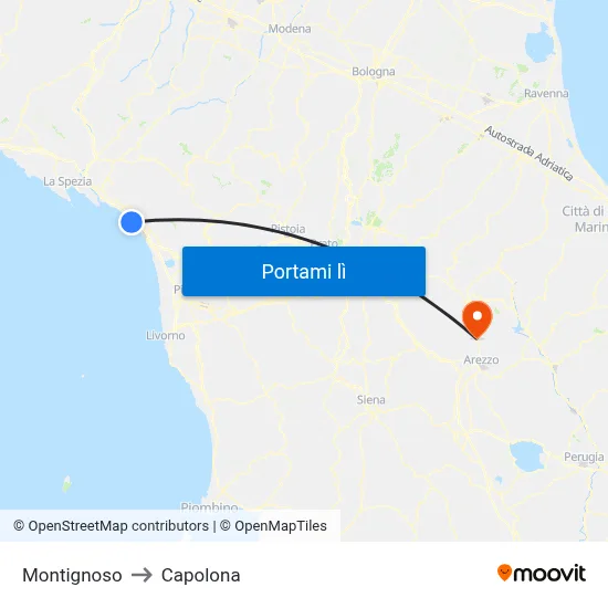 Montignoso to Capolona map