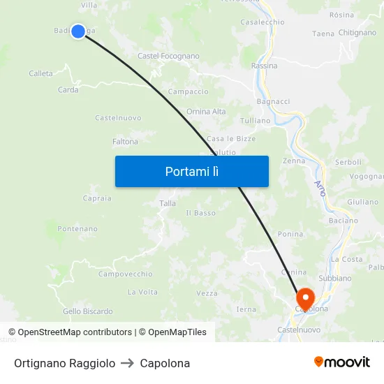 Ortignano Raggiolo to Capolona map