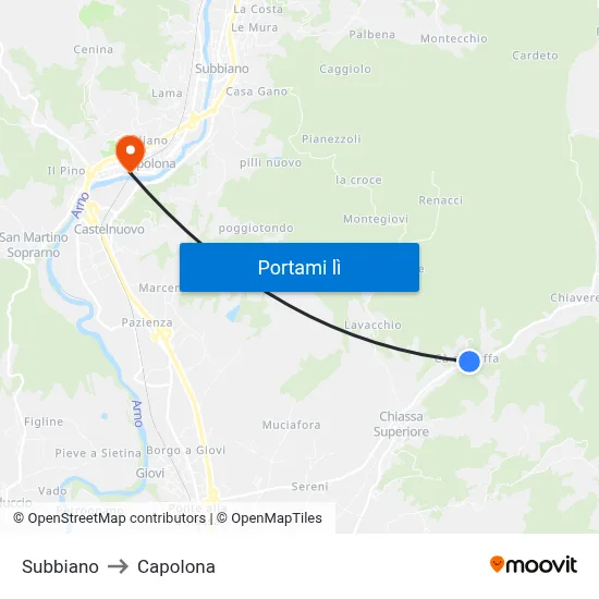 Subbiano to Capolona map