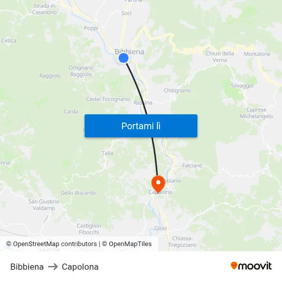 Bibbiena to Capolona map