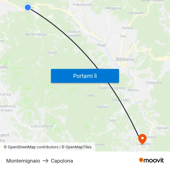 Montemignaio to Capolona map