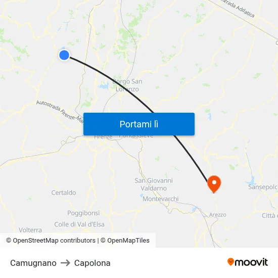 Camugnano to Capolona map