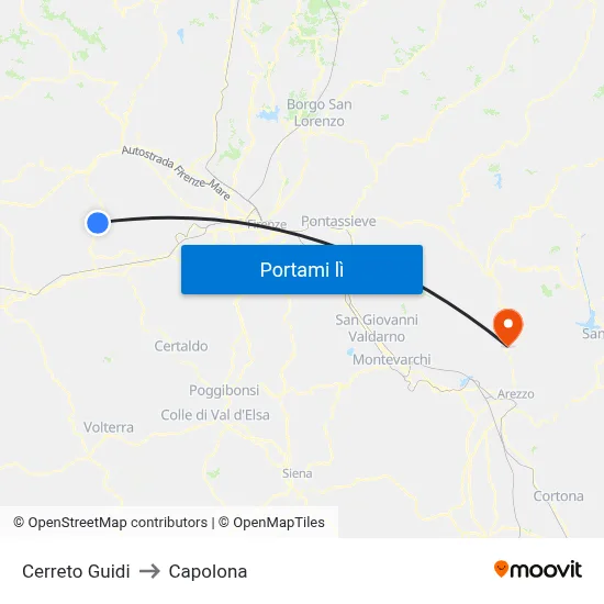 Cerreto Guidi to Capolona map