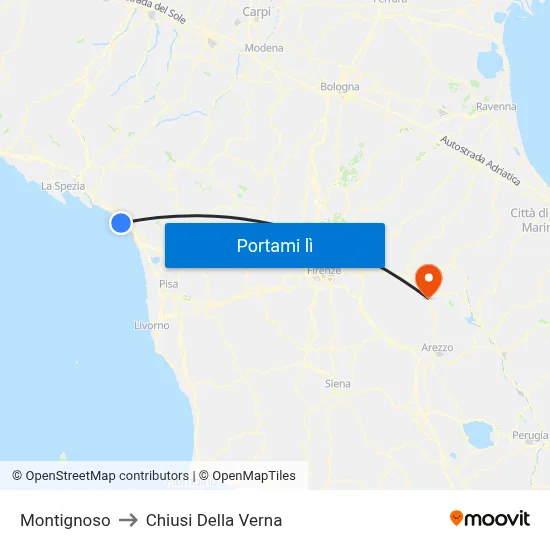Montignoso to Chiusi Della Verna map