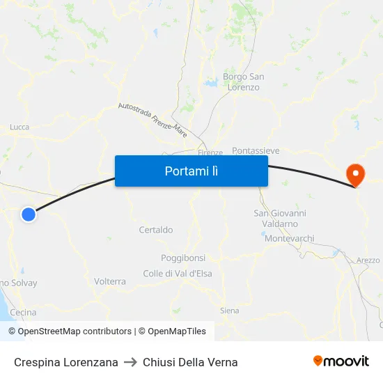 Crespina Lorenzana to Chiusi Della Verna map