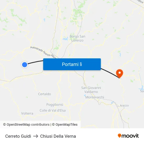 Cerreto Guidi to Chiusi Della Verna map