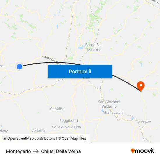Montecarlo to Chiusi Della Verna map