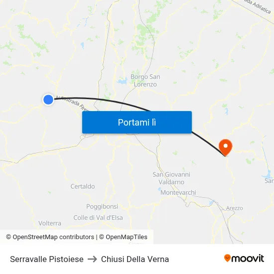 Serravalle Pistoiese to Chiusi Della Verna map