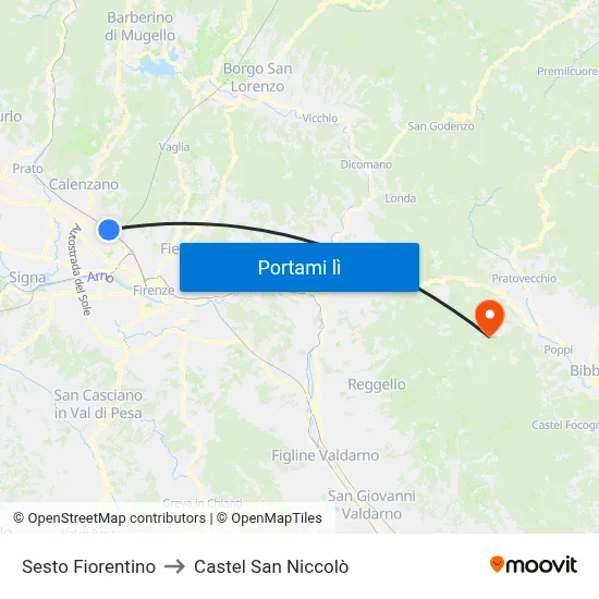 Sesto Fiorentino to Castel San Niccolò map
