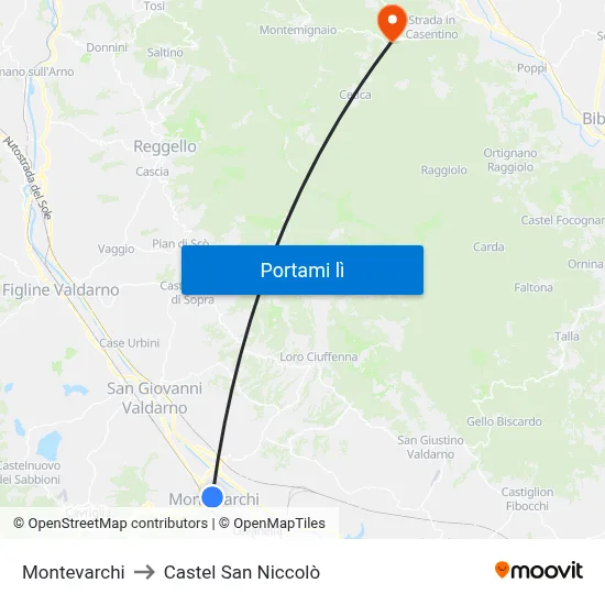 Montevarchi to Castel San Niccolò map