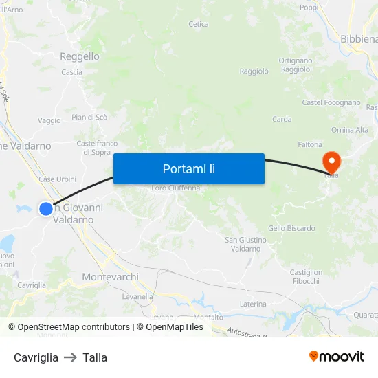 Cavriglia to Talla map