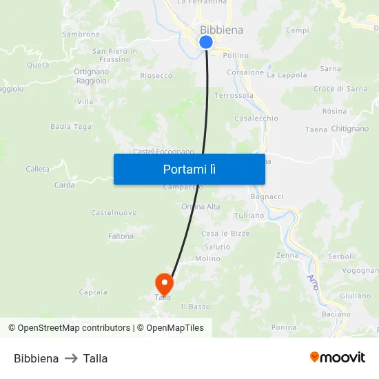 Bibbiena to Talla map