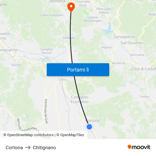 Cortona to Chitignano map