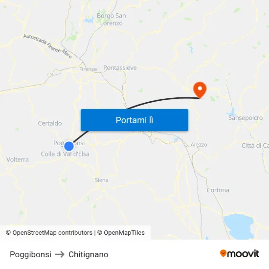 Poggibonsi to Chitignano map