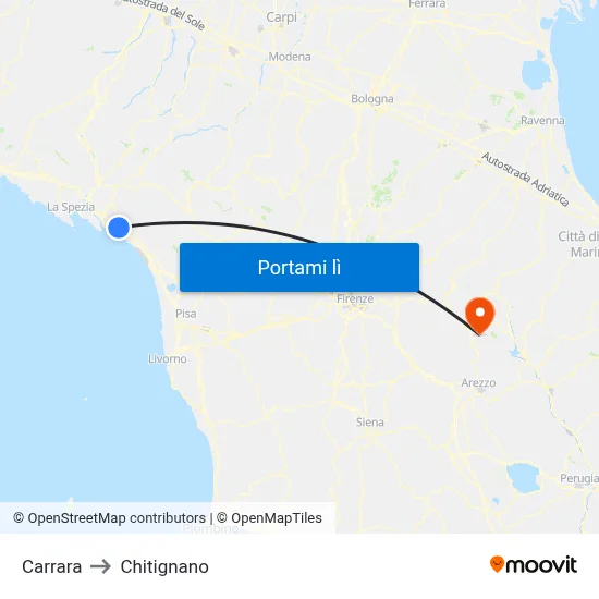 Carrara to Chitignano map