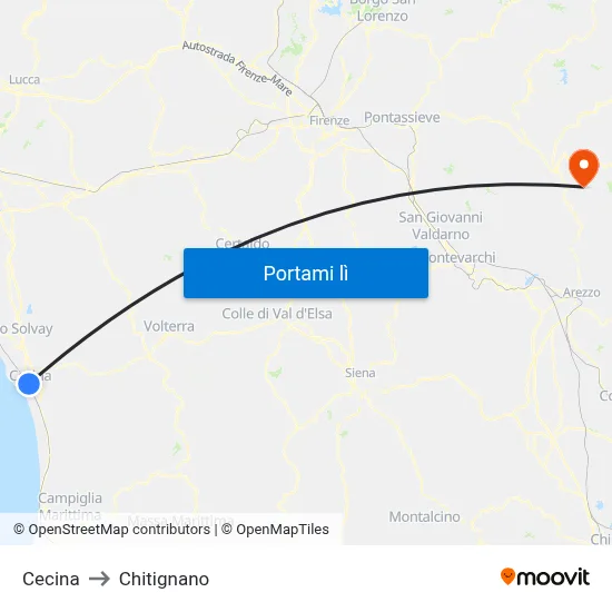 Cecina to Chitignano map