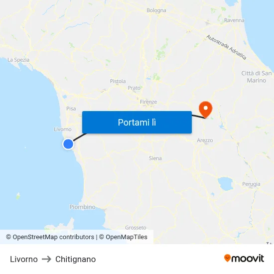 Livorno to Chitignano map