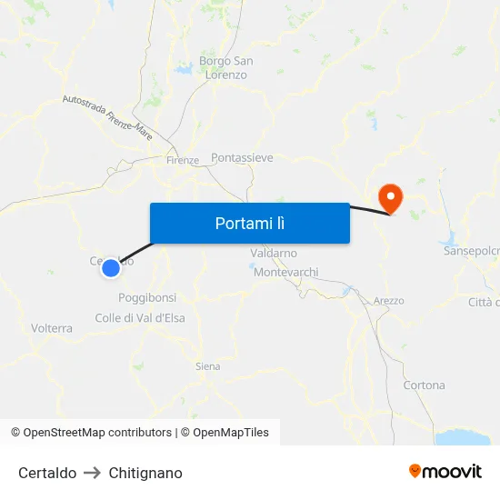 Certaldo to Chitignano map