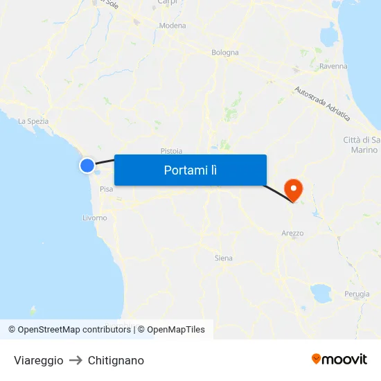 Viareggio to Chitignano map