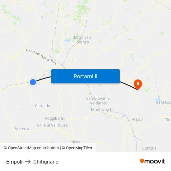 Empoli to Chitignano map