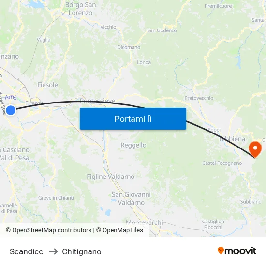 Scandicci to Chitignano map