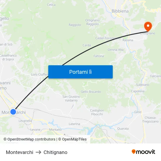 Montevarchi to Chitignano map