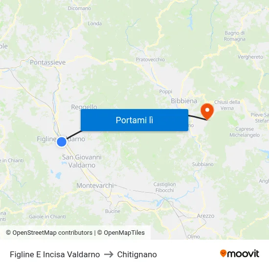 Figline E Incisa Valdarno to Chitignano map