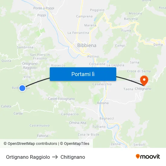 Ortignano Raggiolo to Chitignano map