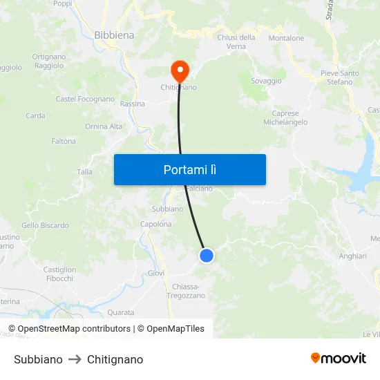 Subbiano to Chitignano map