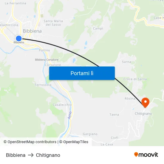 Bibbiena to Chitignano map