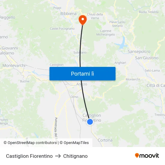 Castiglion Fiorentino to Chitignano map