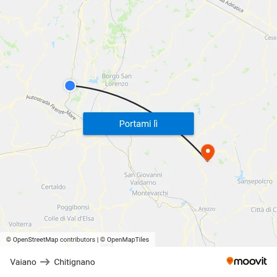 Vaiano to Chitignano map
