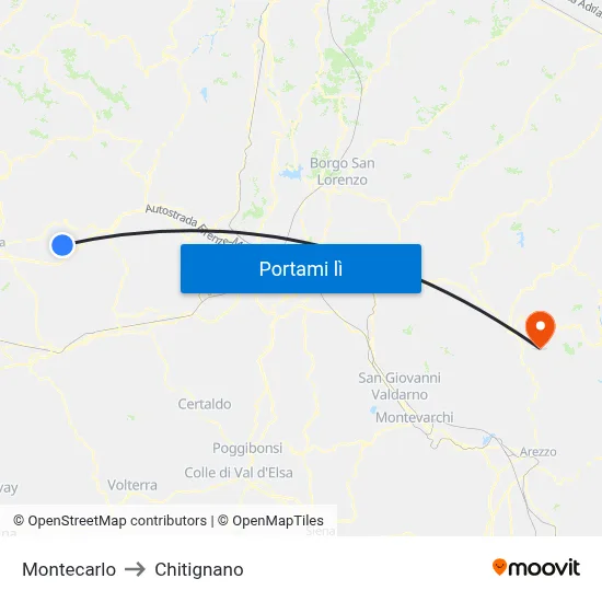 Montecarlo to Chitignano map
