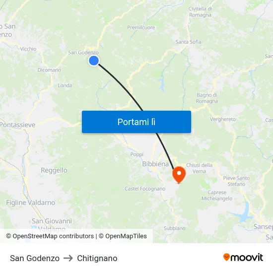San Godenzo to Chitignano map