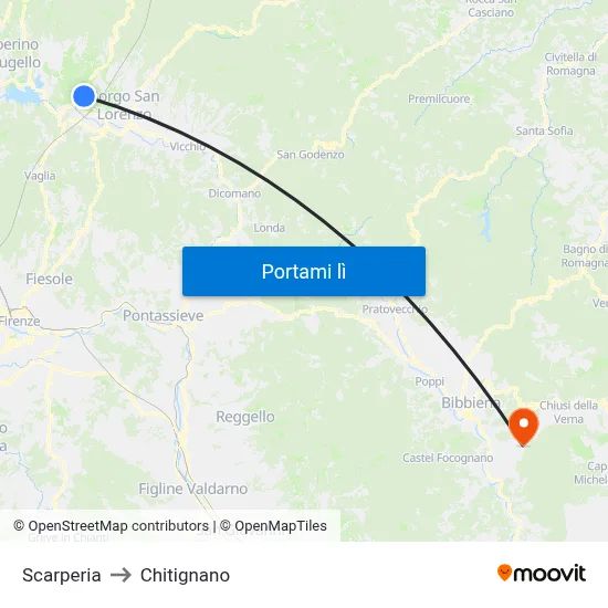 Scarperia to Chitignano map