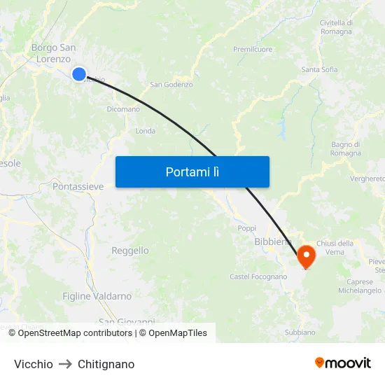 Vicchio to Chitignano map