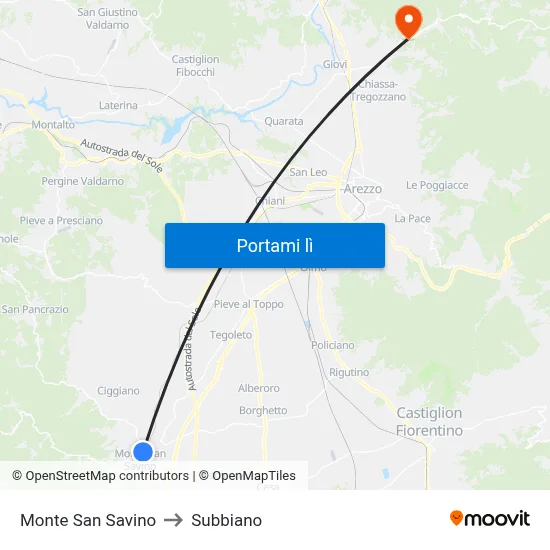 Monte San Savino to Subbiano map