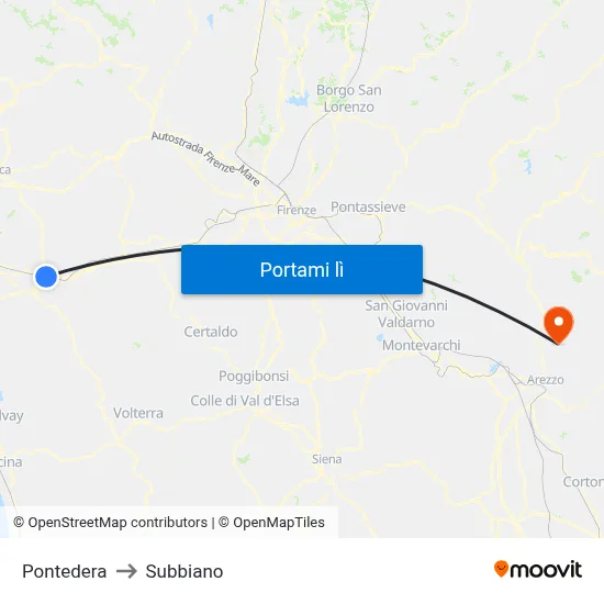 Pontedera to Subbiano map