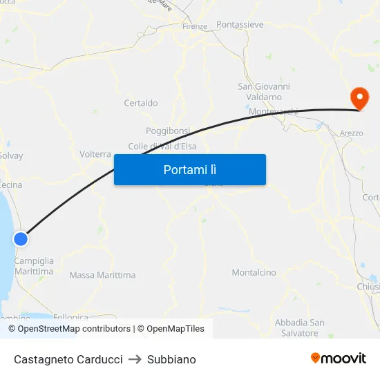 Castagneto Carducci to Subbiano map