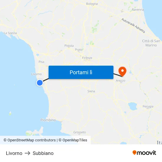Livorno to Subbiano map