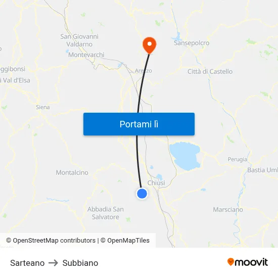 Sarteano to Subbiano map