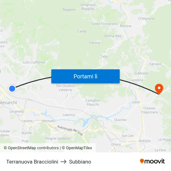 Terranuova Bracciolini to Subbiano map