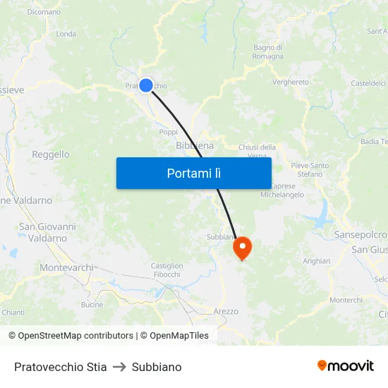 Pratovecchio Stia to Subbiano map