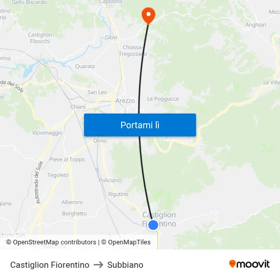Castiglion Fiorentino to Subbiano map