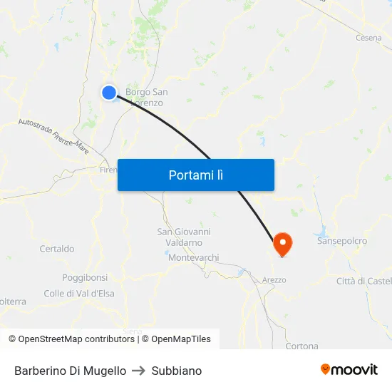 Barberino Di Mugello to Subbiano map