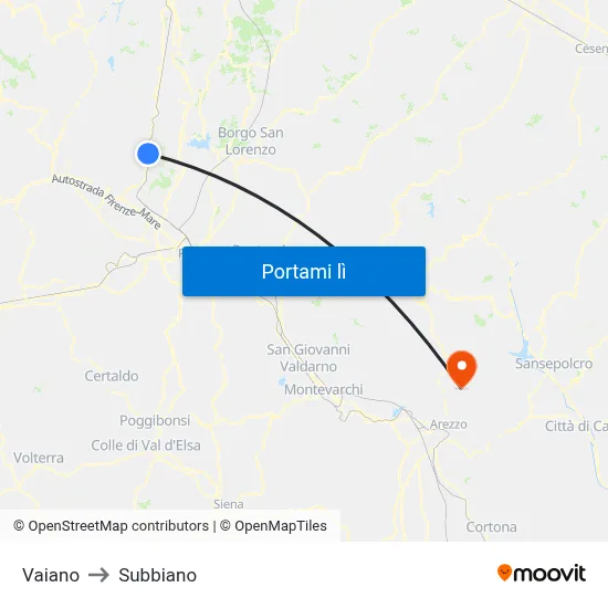 Vaiano to Subbiano map