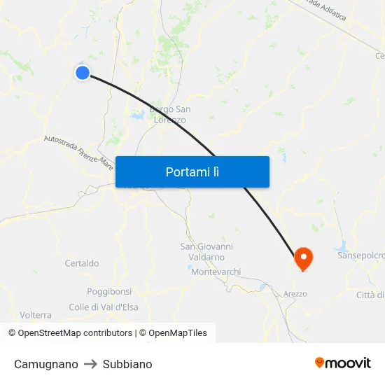 Camugnano to Subbiano map